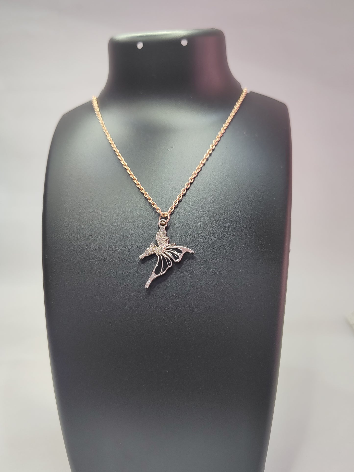 Black & Silver Butterfly Pendant Necklace with Rose Gold Chain – Elegant Daily Wear Jewelry
