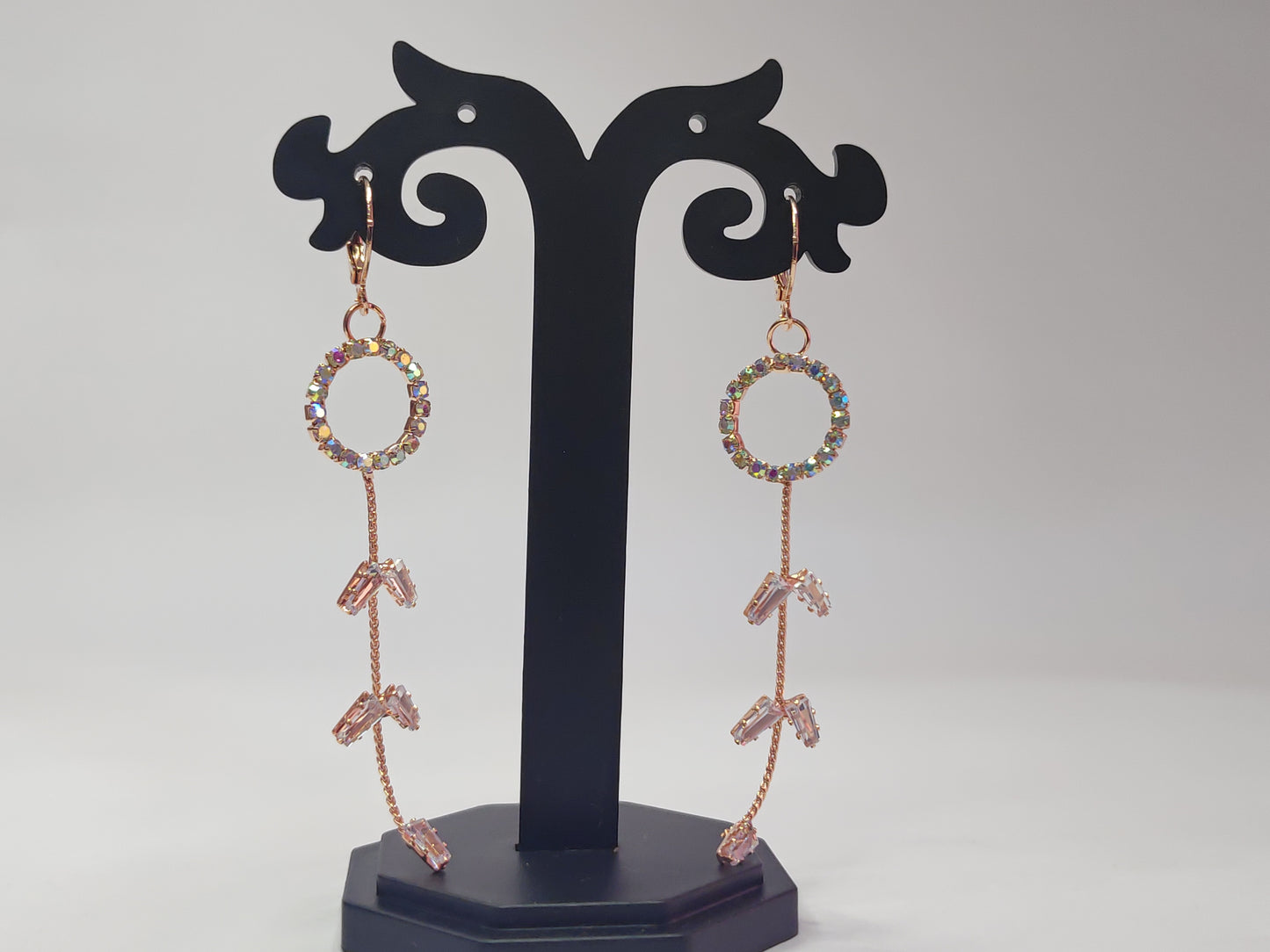 Fashionably Long Rose Gold Dangle Earrings with Sparkling Crystals